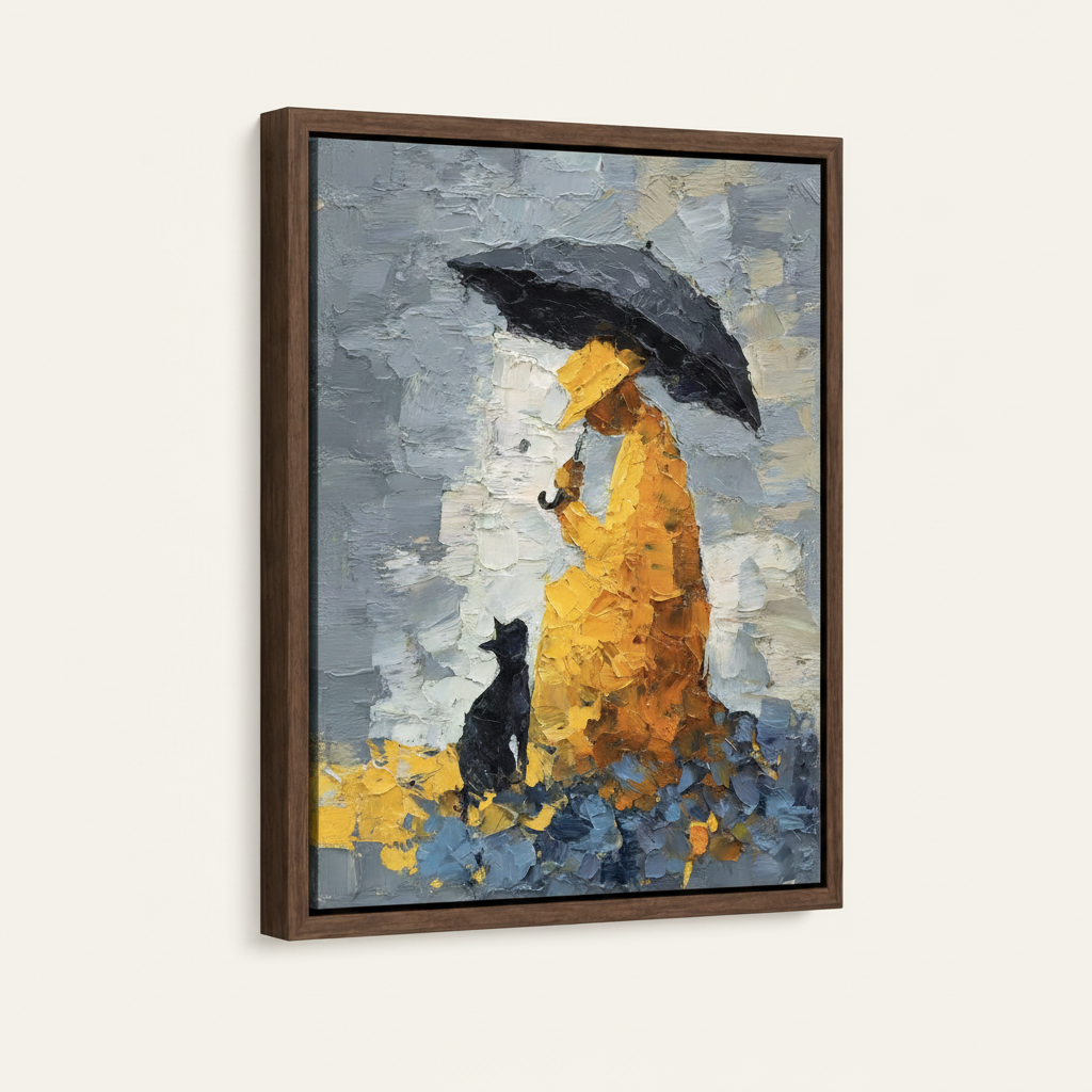 Figurative impasto painting in dark walnut float frame at three-quarter angle on off-white background