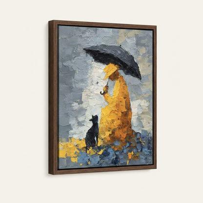 Figurative impasto painting in dark walnut float frame at three-quarter angle on off-white background