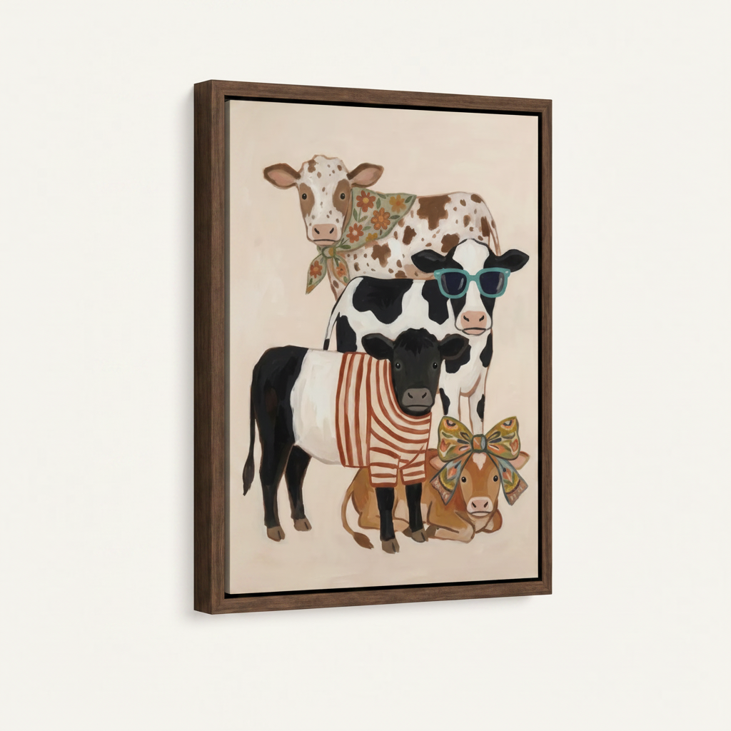 Float frame whimsical cow illustration canvas, dark walnut frame, angled right product view