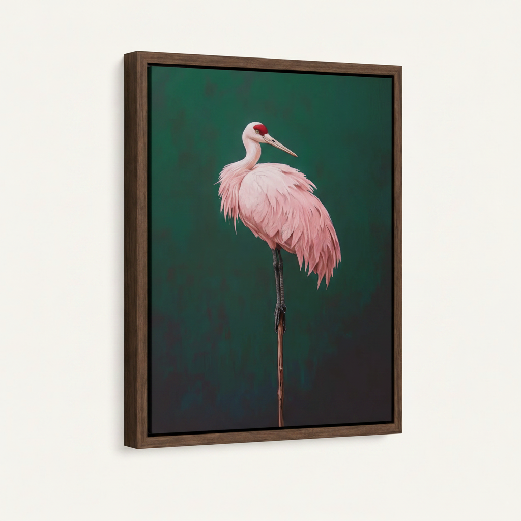 Pink spoonbill bird painting in dark walnut float frame at three-quarter angle on cream background