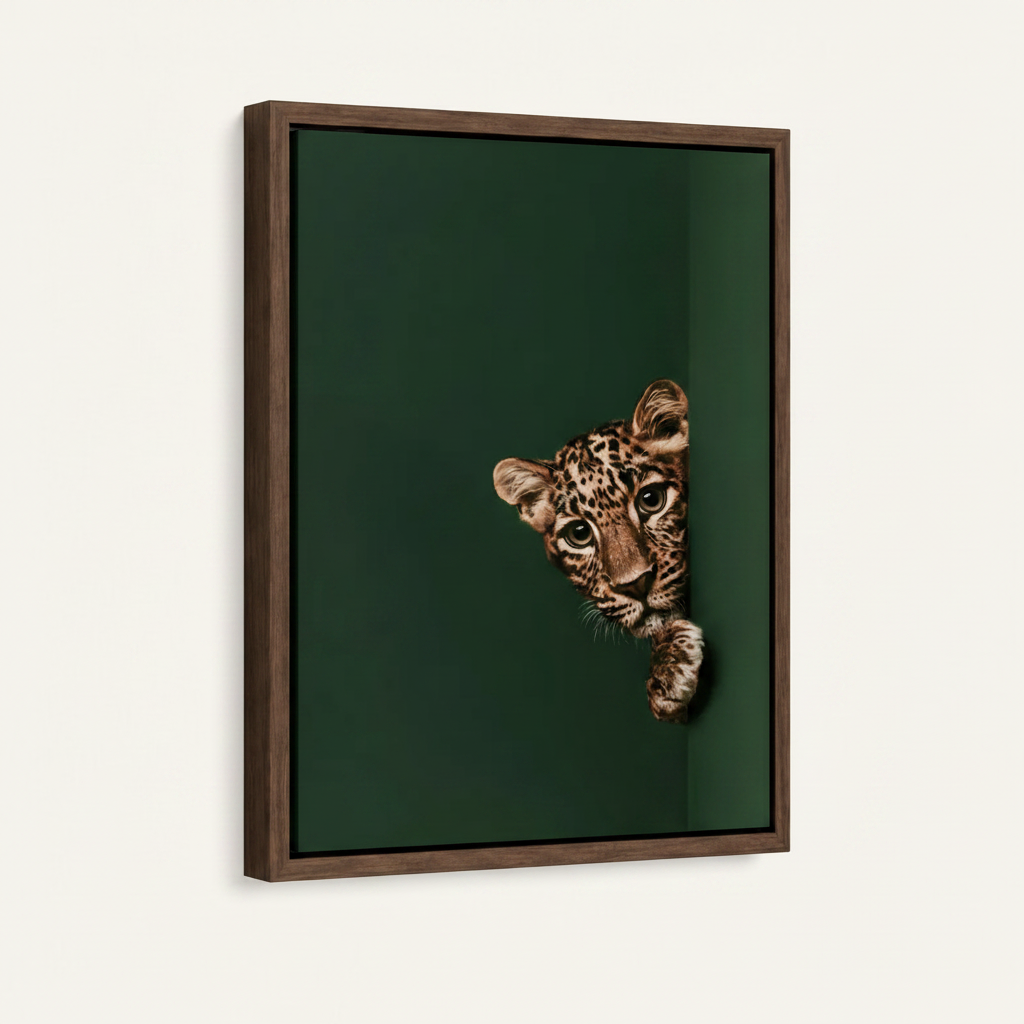 Float frame canvas wall art with realistic leopard cub portrait, dark walnut frame, angled view