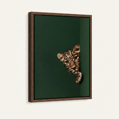 Float frame canvas wall art with realistic leopard cub portrait, dark walnut frame, angled view