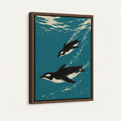 Swimming penguins ocean linocut canvas in dark walnut float frame displayed at 3/4 angle on clean white background