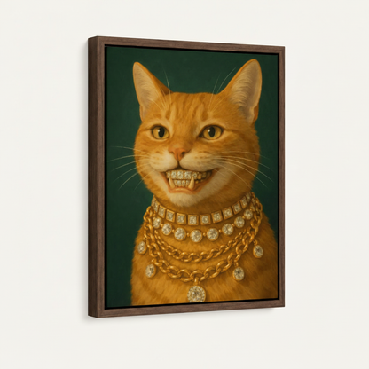 Orange tabby cat oil painting in dark walnut float frame on white background product shot