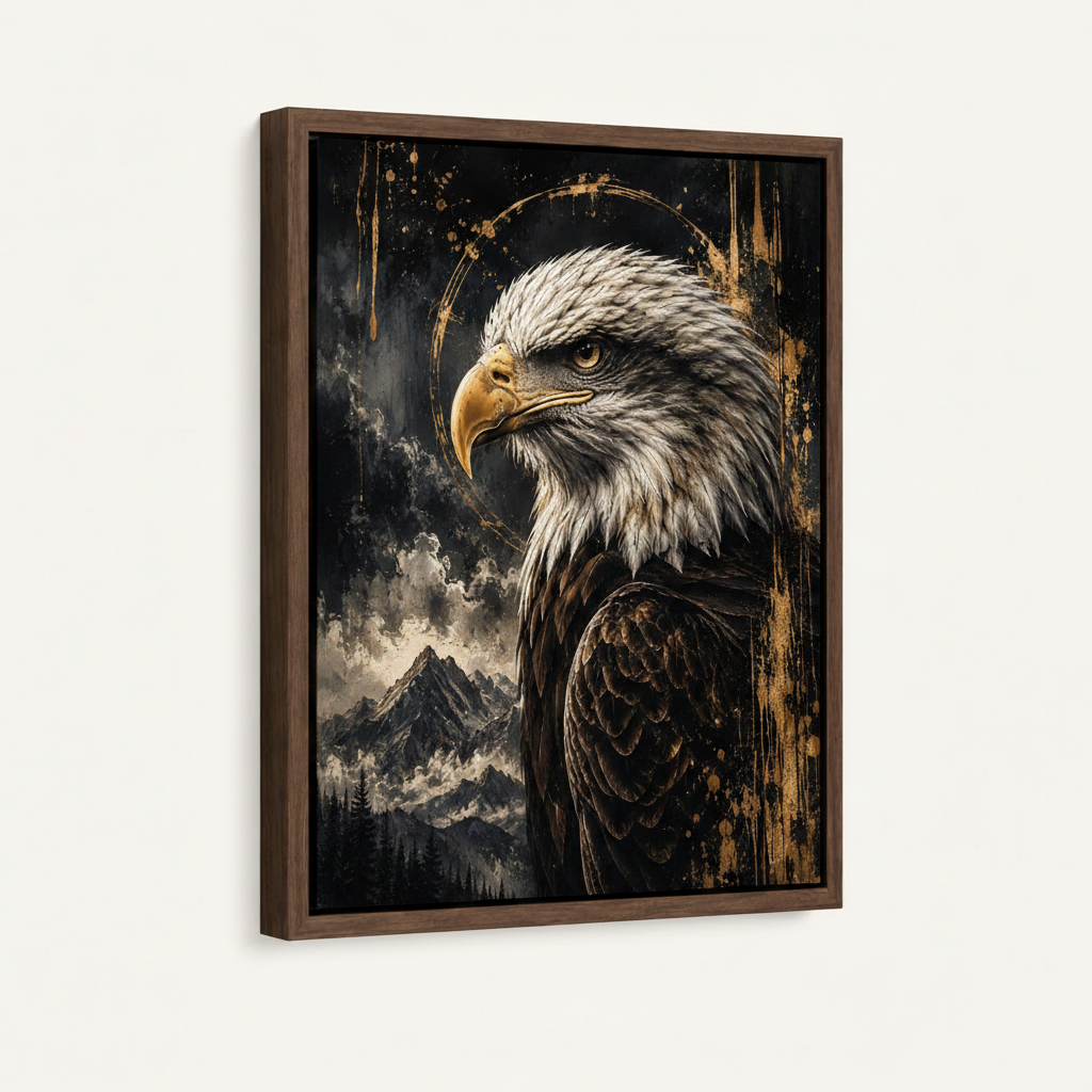 Framed bald eagle portrait canvas in dark walnut float frame product mockup on cream background