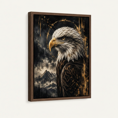 Framed bald eagle portrait canvas in dark walnut float frame product mockup on cream background