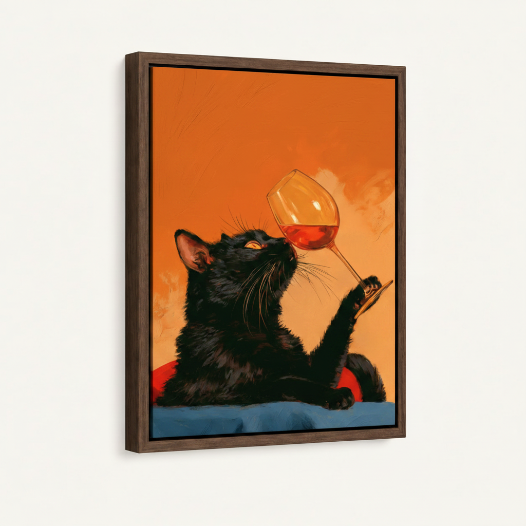 Float frame canvas wall art with black cat wine illustration, dark walnut frame, angled view