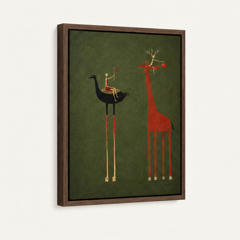 Float frame canvas wall art with ostrich giraffe folk art, dark walnut frame, angled product view