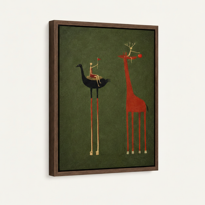 Float frame canvas wall art with ostrich giraffe folk art, dark walnut frame, angled product view