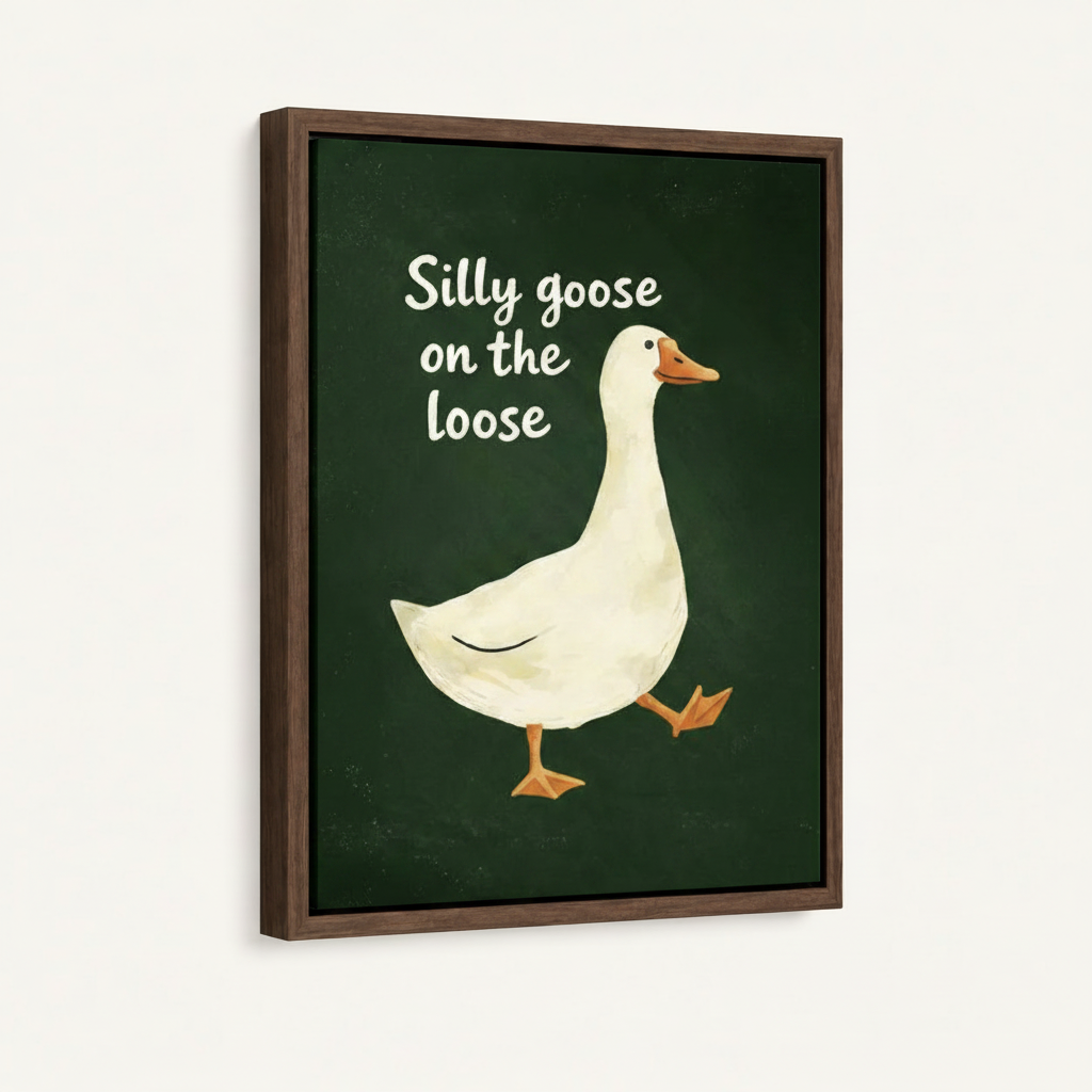 Dark walnut float frame silly goose art print at 3/4 angle on clean white studio background