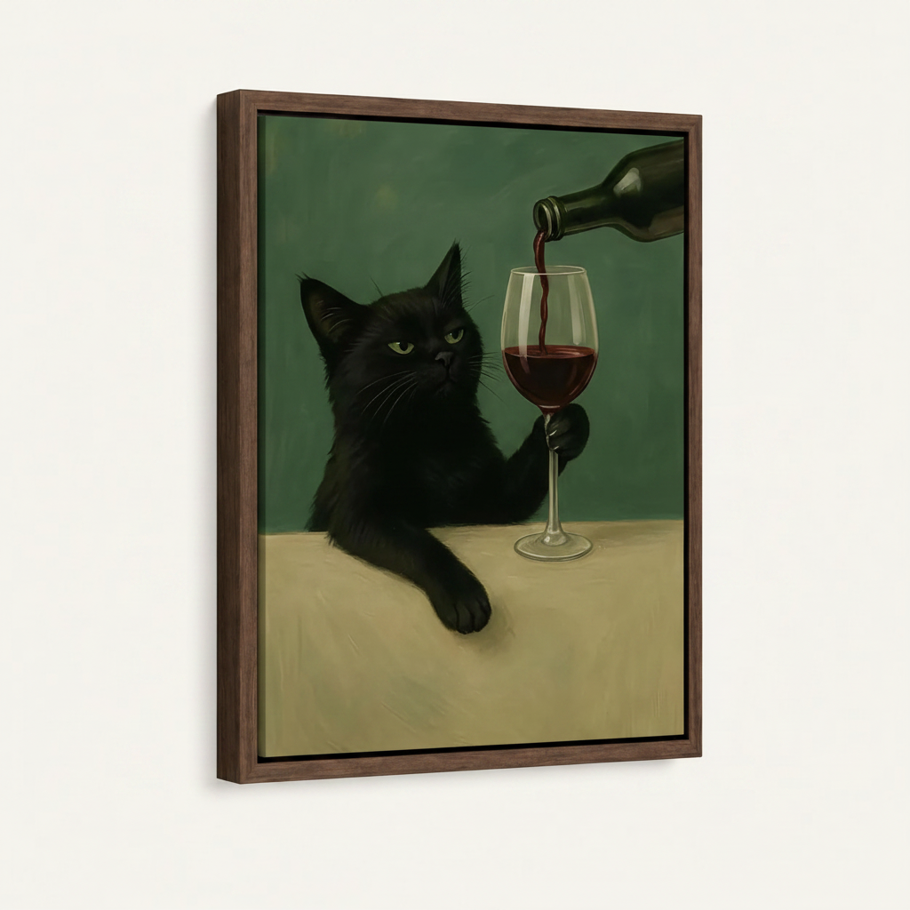 Framed canvas product shot of black cat wine painting in dark walnut float frame on off-white background, 3/4 angle