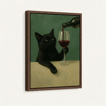 Framed canvas product shot of black cat wine painting in dark walnut float frame on off-white background, 3/4 angle