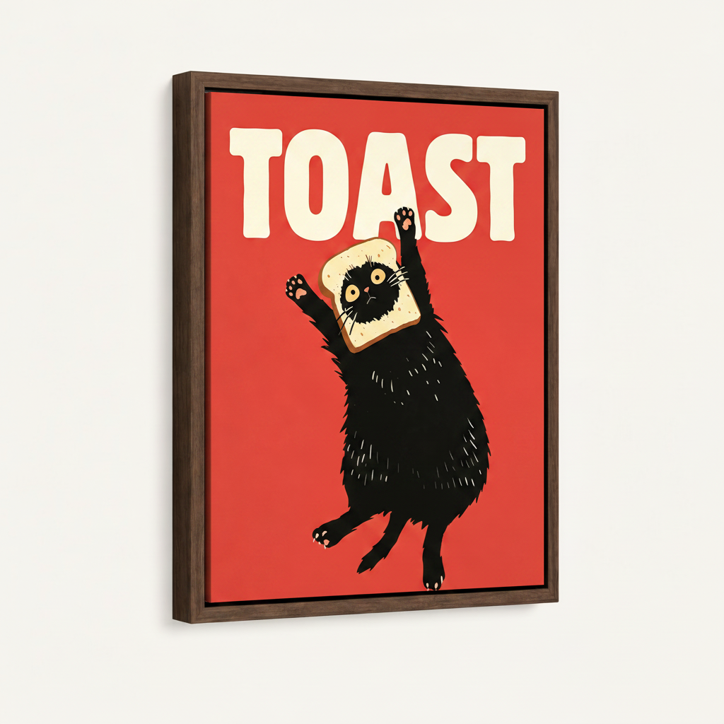 Framed canvas product shot of TOAST black cat pop art in dark walnut float frame, 3/4 angle on white background