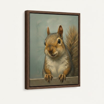 Curious squirrel portrait canvas in walnut float frame, angled side view on white background