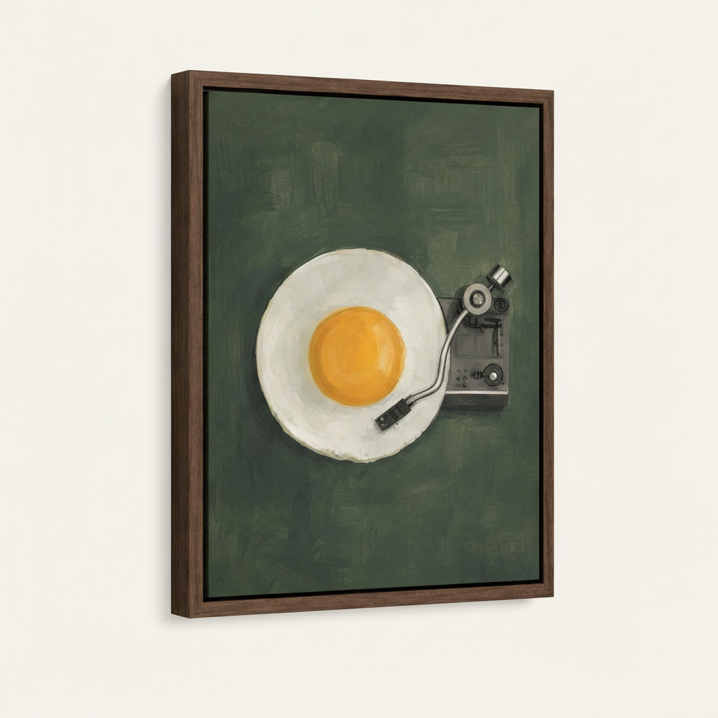 Framed surrealist pop art canvas with walnut float frame, side angle view on white background