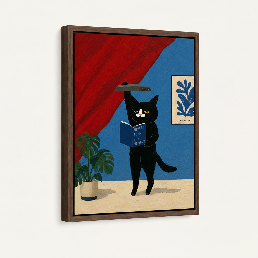 Funny black cat canvas print in walnut float frame, angled side view on white background