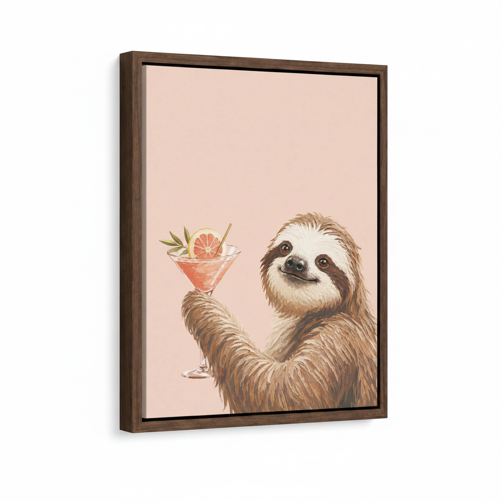 Funny sloth holding grapefruit cocktail framed canvas close-up on white background showing walnut frame detail