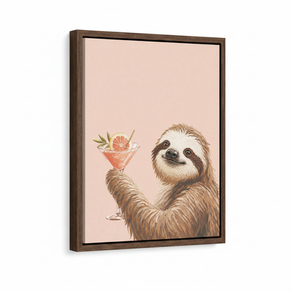 Funny sloth holding grapefruit cocktail framed canvas close-up on white background showing walnut frame detail