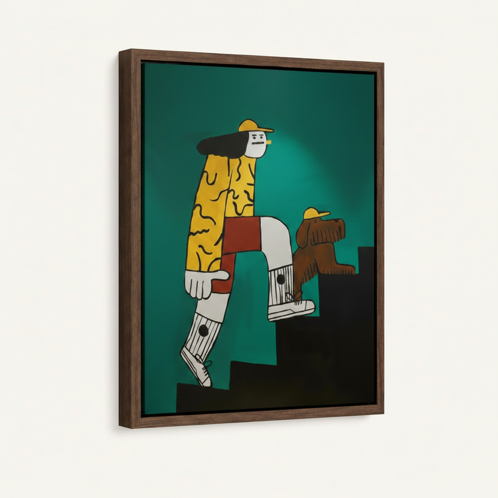 Angled view of framed canvas print showing bold street art illustration of figure and dog on stairs, walnut wood frame on white wall