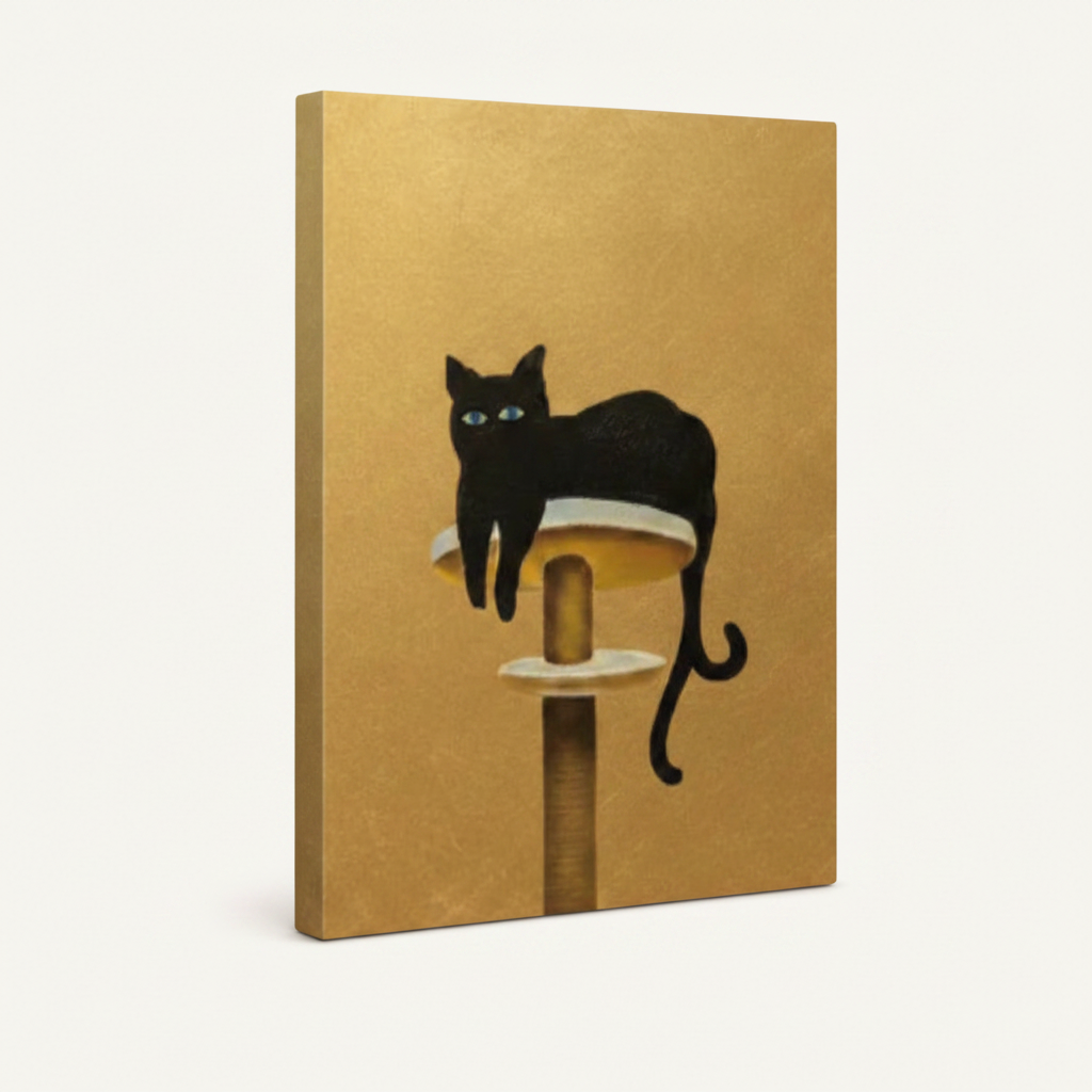 Gallery-wrapped canvas close-up of black cat silhouette with curling tail perched atop a minimalist cat tower