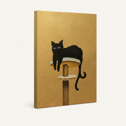 Gallery-wrapped canvas close-up of black cat silhouette with curling tail perched atop a minimalist cat tower