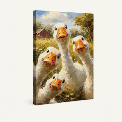 Gallery wrap canvas of four fluffy white geese painting, angled view showing canvas depth on cream background