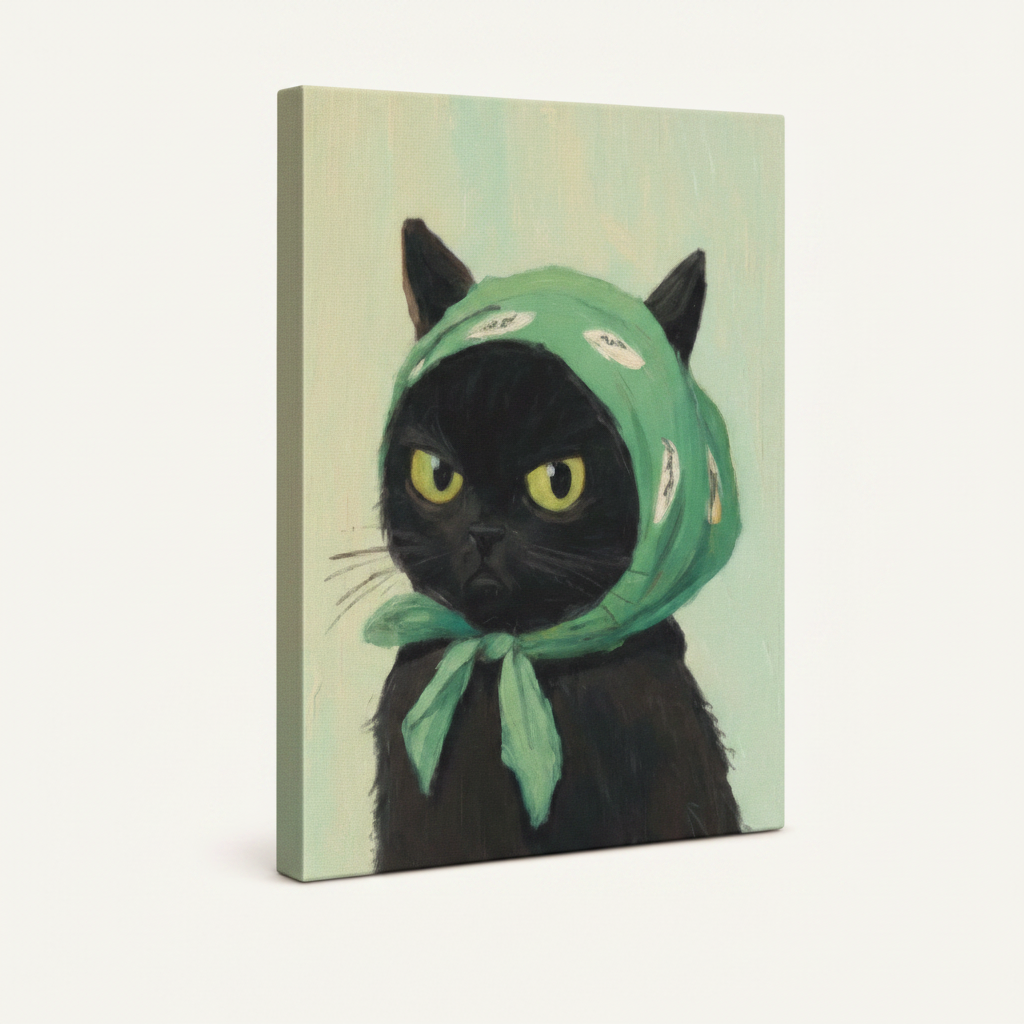 Gallery wrapped black cat canvas print shown at angle on cream background, no frame