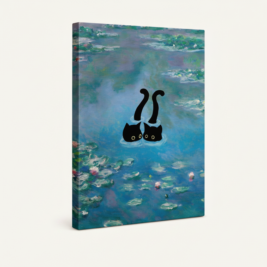 Whimsical Monet-inspired cat canvas in dark walnut float frame, angled product view on white background