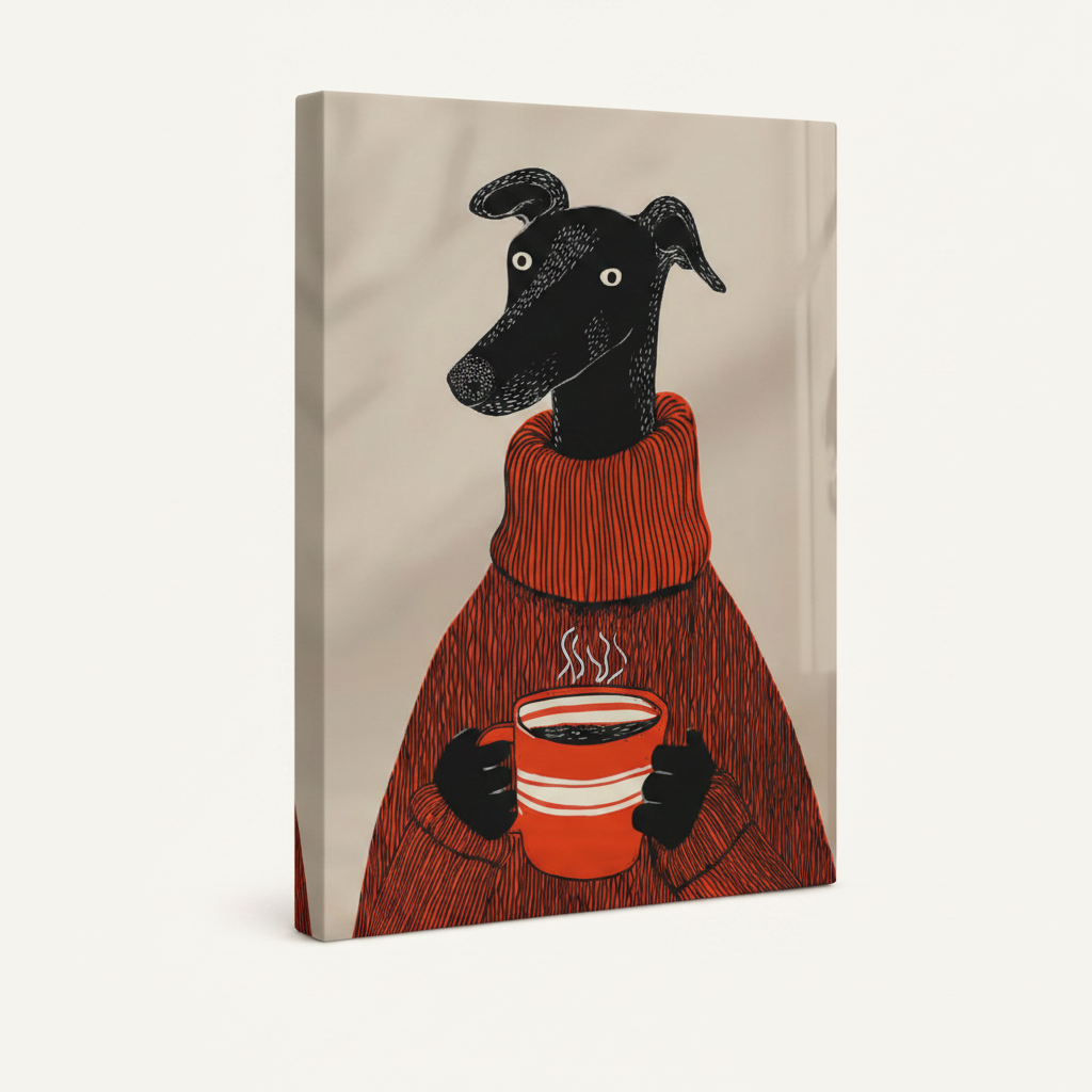 Gallery wrapped greyhound canvas print without frame shown at angle on cream background