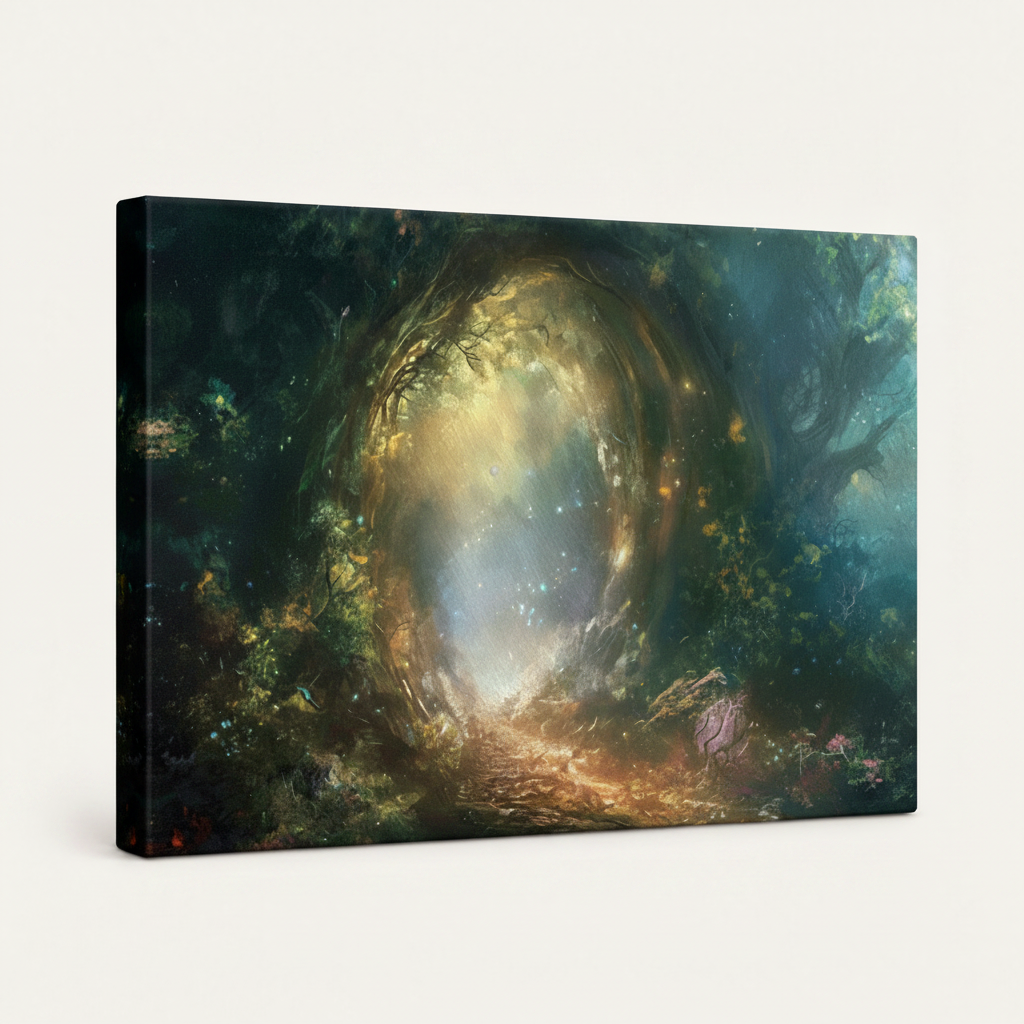 Gallery wrapped canvas featuring glowing fantasy forest archway, side wrap visible, white background