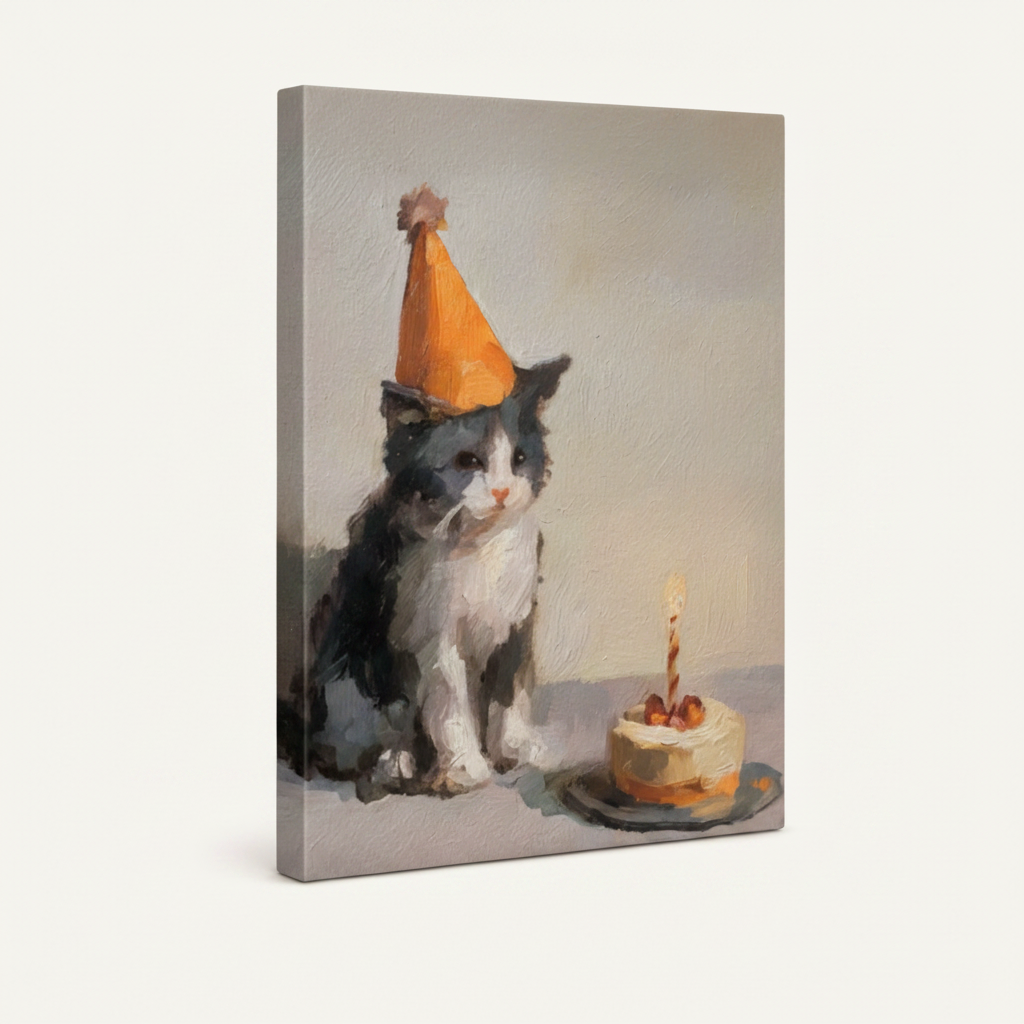 Gallery wrapped cat canvas art angled product shot showing side wrap and impasto brushstroke texture