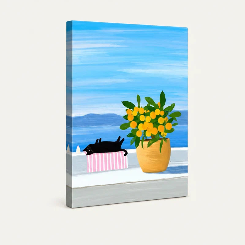 Gallery-wrapped canvas showing black cat Mediterranean wall art with vivid blue sky and lemon tree detail