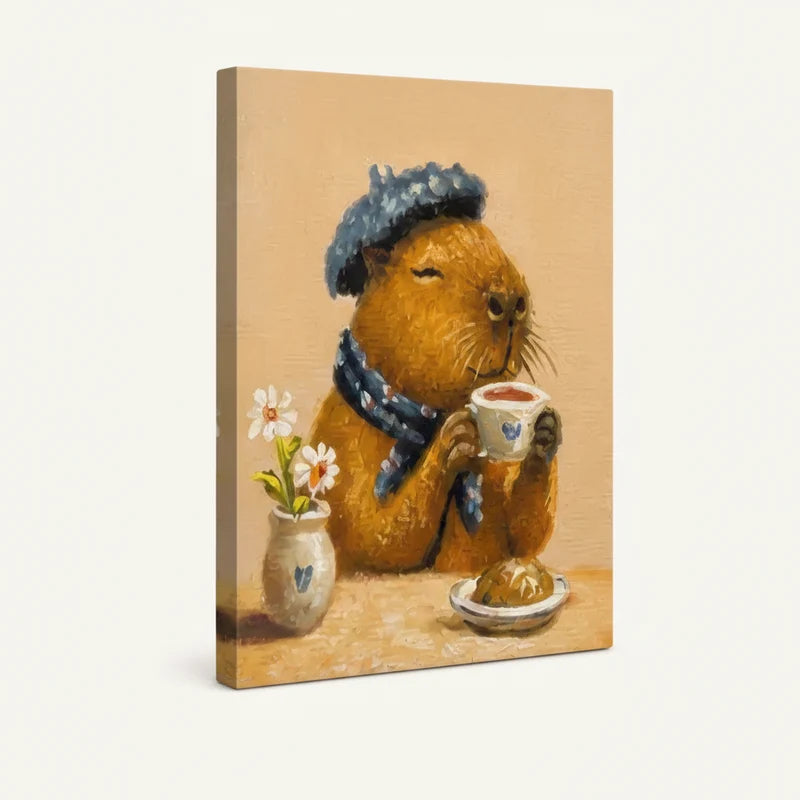 Gallery-wrapped canvas side view of whimsical capybara tea scene on warm golden beige background