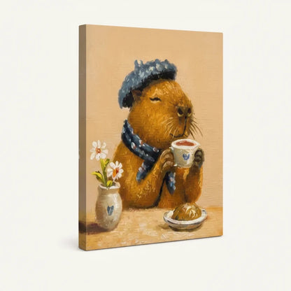 Gallery-wrapped canvas side view of whimsical capybara tea scene on warm golden beige background