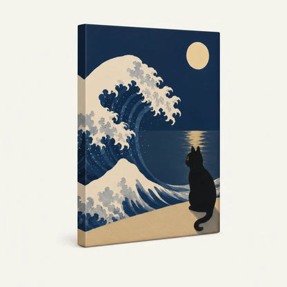 Gallery-wrapped canvas side view of Japanese wave and black cat wall art, clean white background