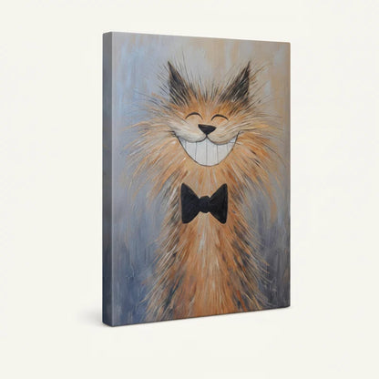 Gallery-wrapped canvas showing smiling cat wall art with rich impasto brushwork and warm amber tones