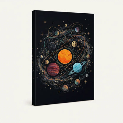 Gallery-wrapped canvas showing solar system wall art with rich planet detail and deep space starfield