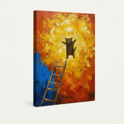 Expressive cat ladder canvas gallery-wrapped side view with vivid cobalt and amber brushstroke detail