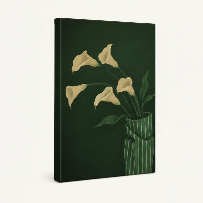 Angled product view of gallery-wrapped canvas showing cream calla lily botanical artwork on forest green background