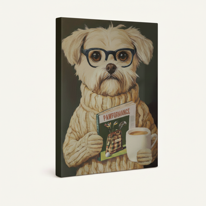 Gallery-wrapped dog oil painting canvas, olive green background, frameless angled product shot