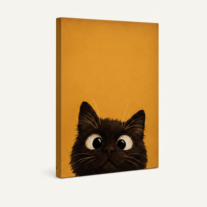 Gallery wrapped black cat canvas print, frameless side view showing canvas depth and texture