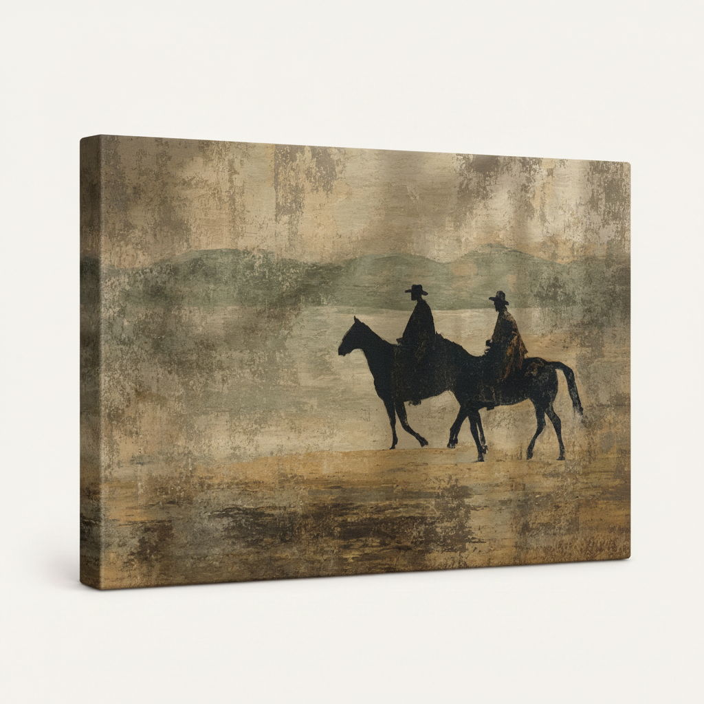 Gallery wrapped vintage western cowboys canvas art displayed at angle on light grey background