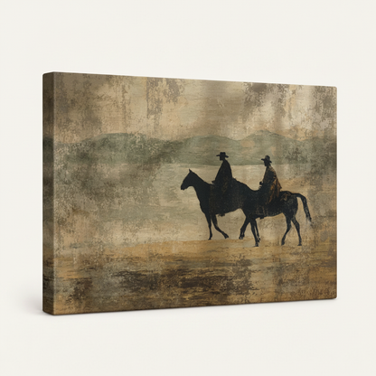 Gallery wrapped vintage western cowboys canvas art displayed at angle on light grey background
