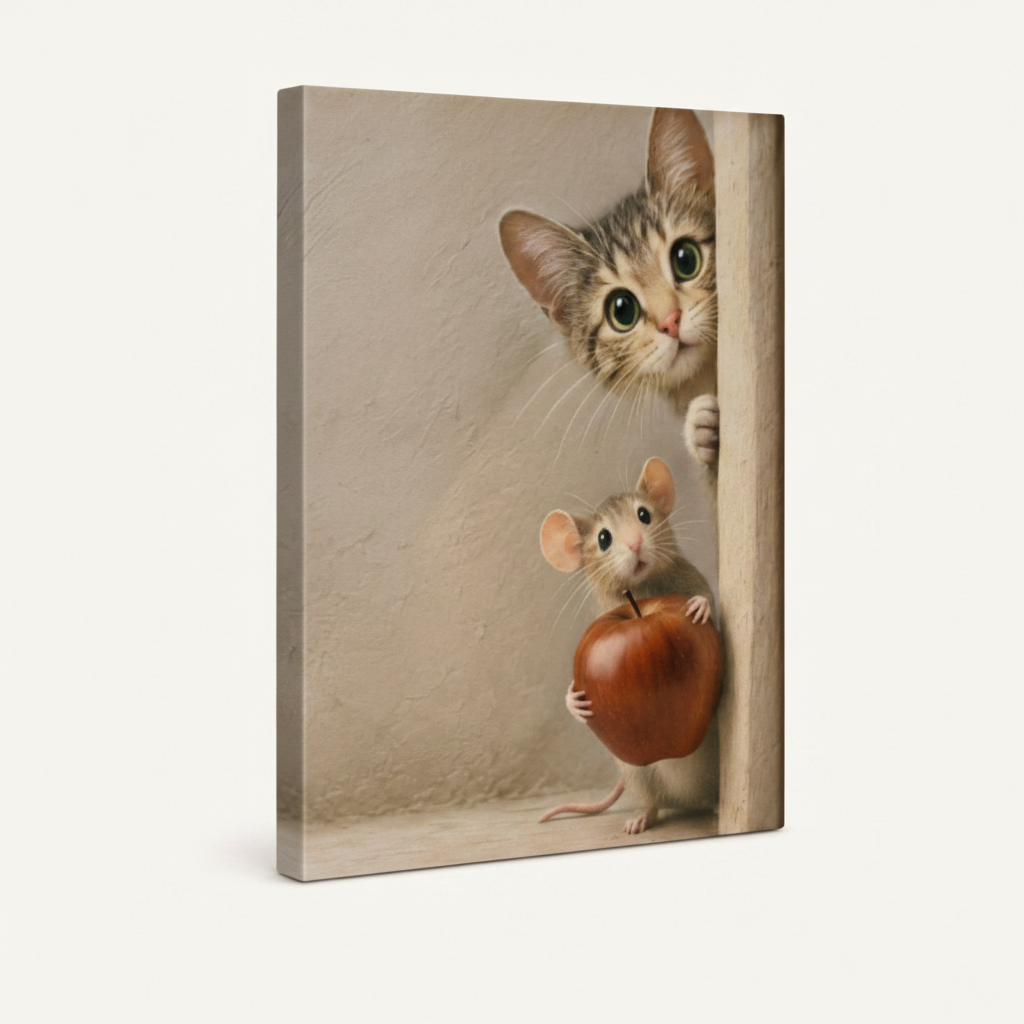 Whimsical cat and mouse canvas in dark walnut float frame, angled product view on white wall background