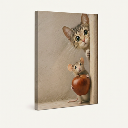 Whimsical cat and mouse canvas in dark walnut float frame, angled product view on white wall background