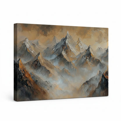 Gallery-wrapped mountain landscape canvas print with dark painted edges, angled view on white background