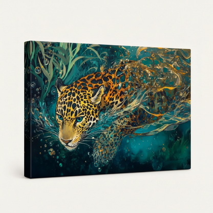 Gallery wrapped jaguar teal gold canvas print side angle view showing thick wrapped edges on white background