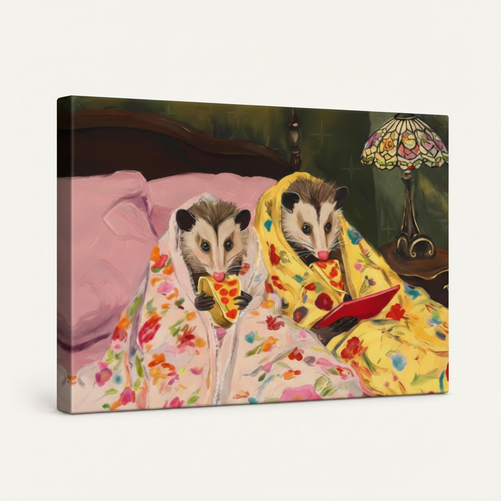 Gallery-wrapped funny opossum canvas print with dark painted edges, two animals in floral blankets, angled view on white background
