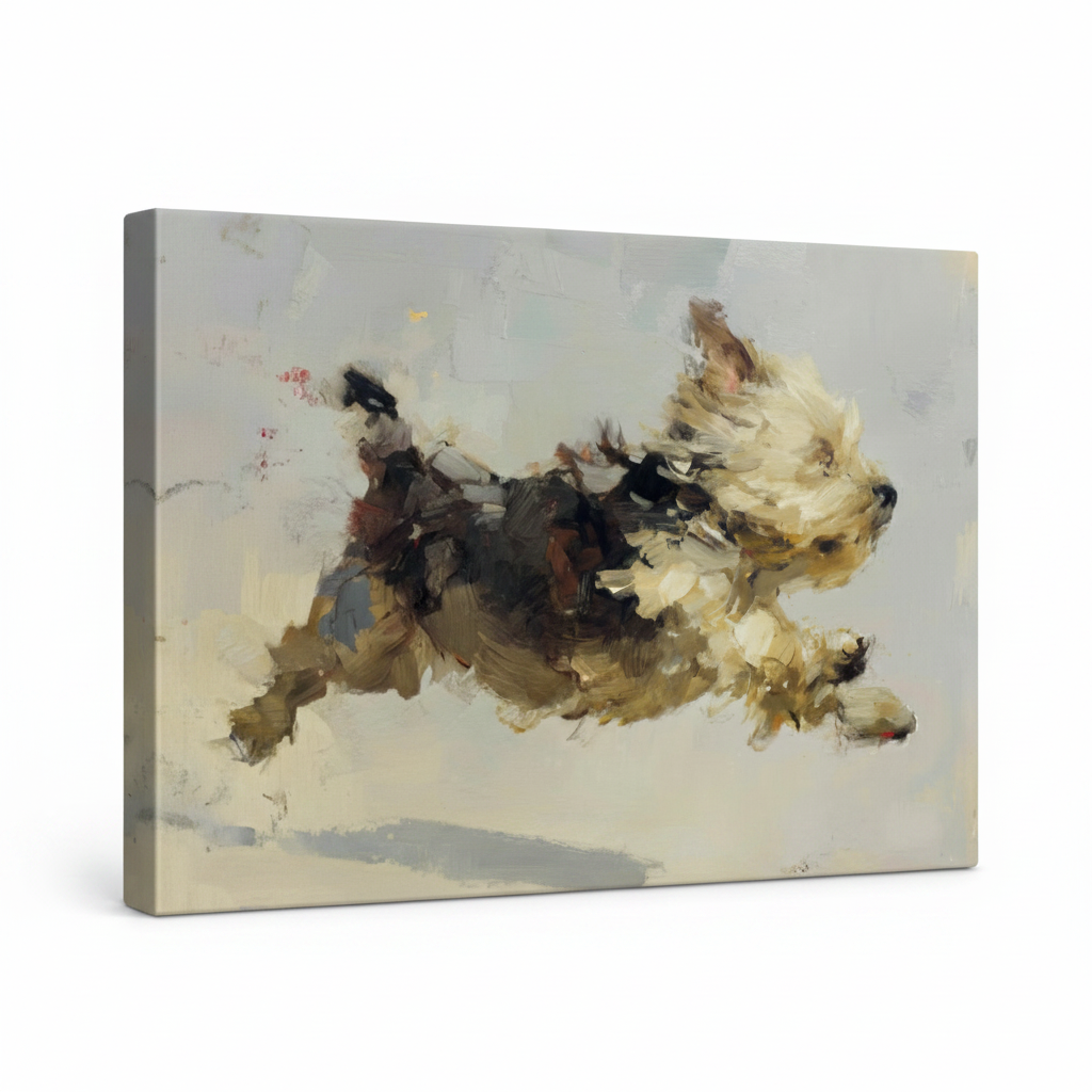 Gallery-wrapped running dog impressionist canvas print with dark painted edges, angled view on white background