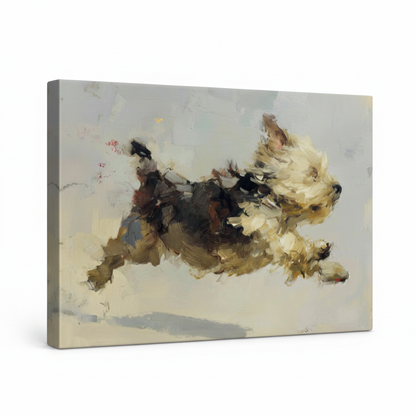 Gallery-wrapped running dog impressionist canvas print with dark painted edges, angled view on white background